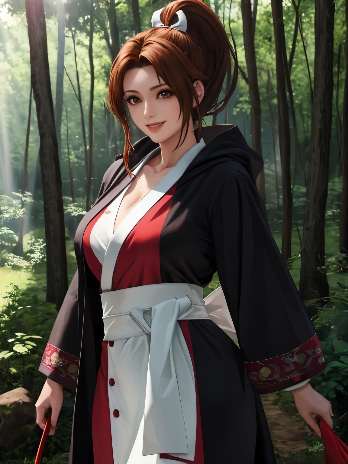 a girl in the forest, ponytail hair, wearing a robe, mai shiranui character, (1:4 quality, realistic), detailed face, beautiful brown eyes, (4k, 8k quality), black robe and coat, holding a bow,sweet smile