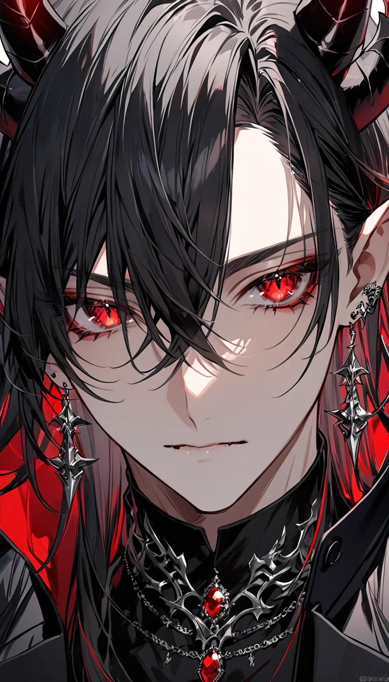 alone, good looking, 1 male, Long hair, Middle parted hair, Black hair, Red eyes, Black shirt, Black Trench Coat, Royal Demon Silver Jewellery, Royal Demon Earrings, Black horns, Front Facing, Vtuber Front Facing Camera