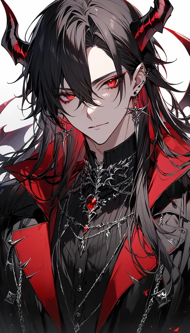 alone, good looking, 1 male, Long hair, Middle parted hair, Black hair, Red eyes, Black shirt, Black Trench Coat, Royal Demon Silver Jewellery, Royal Demon Earrings, Black horns, Front Facing, Vtuber Front Facing Camera