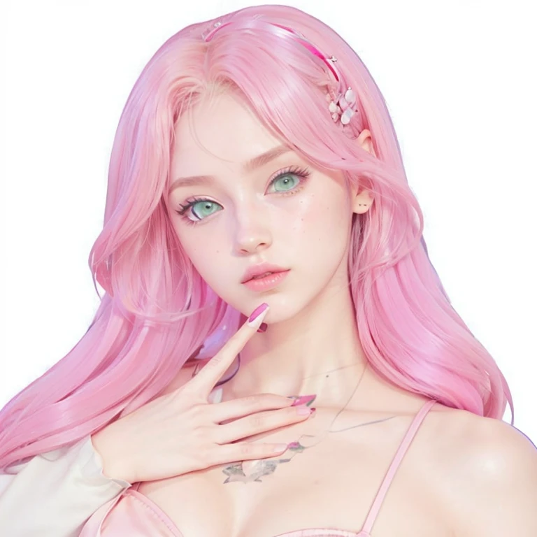 young woman, long pink hair, wide forehead, porcelain skin, pink eyebrows, big emerald green eyes, buttoned nose, thick lips, heart-shaped face, slender body, small breasts, pink leather dress, Sakura Haruno, realistic, realism black details 3d