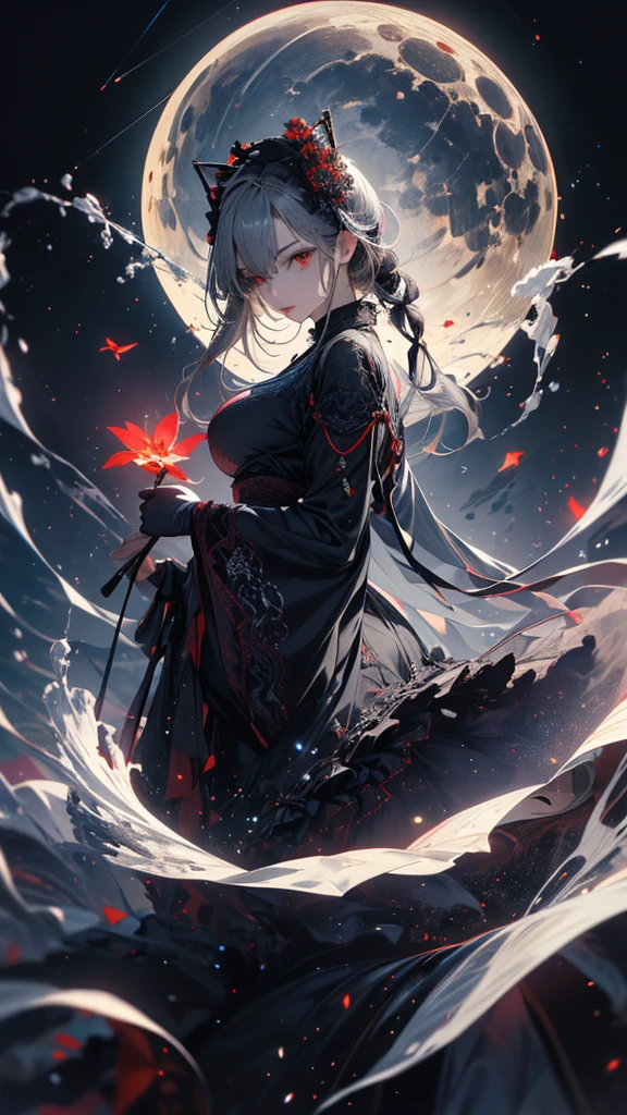 masterpiece, high quality, 4K, Beautiful design, silhouette,Gray Hair, 非常に詳細な夜のStarry Sky,Flower Field, wonderful, Finer details, Very knowledgeable woman, Highly detailed solo, 1 female,Red eyes,Big Breasts,Gothic Lolita Fashion,Night view,Starry Sky,full moon,