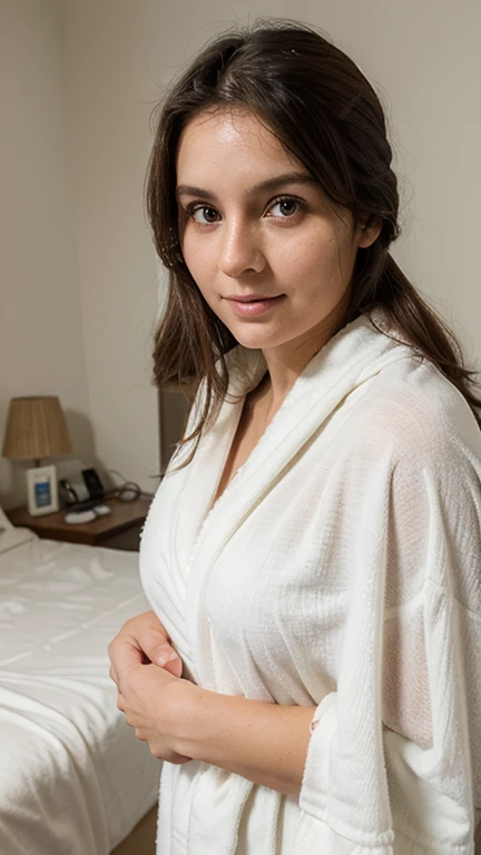 A Realistic Portrait, of a  scottish teenager girl, 17 years old,, Beautiful, detailed face, detailed eyes, (realistic skin:1.3), (pale skin:1.1), (textured skin:1.3), (()), big smile, (iphone photograph), (perfect small breasts:1.1), ), (artificial lighting:1.3),  looking at the camera, perfect slim body, amateur Photography, Photorealistic, Detailed, analog, poor quality, grainy, laying in bed, , wide angle, showing full body , laying in closed patient gown on dark-teal nylon sheets, dorsal position, suppine position, frontal picture from above, wearing long eal nylon patient gown, short  hair and ears fully covered by teal viynl shower cap, wide-spread arms (rectangular opened), , non-nude