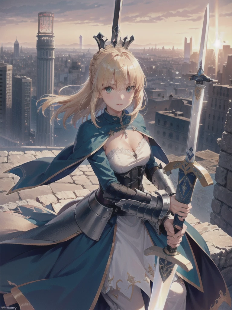 (Spectacular apocalyptic city destruction and desolate ruins), Detailed Background, Incredible detail, RAW Photos, Rich colors, Realistic texture, Dramatic lighting, Unreal Engine, Trending on Art Station, Cinestill 800 Tungsten, (A new dawn on the horizon), (masterpiece:1.4), (Highest quality:1.4), Realistic, One girl, Artoria Pendragon, armor,, (destiny/Stay Night\), Glowing Sword, High resolution, Cowboy Shot, Outdoor, unity 8k wallpaper, (figure:0.8), (Beautiful attention to detail:1.6), Highly detailed face, Perfect lighting, Highly detailed CG, (3D Face:1.1), (Shiny skin:1.5), (超High resolution intricate face details), (Facial skin pores:1.3), 超High resolution cloth texture, (Canon EOS-1D X Mark III camera for outstanding detail:1.2), (Combined with Canon EF24-70mm f/2.8L II USM Lens:1.2), (He has the great sword Excalibur:1.3)