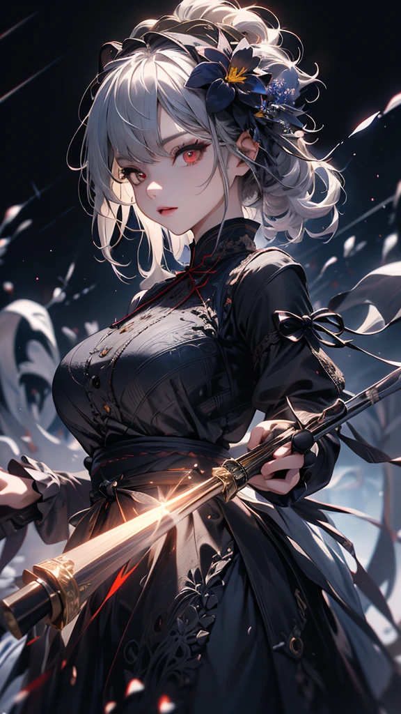 masterpiece, high quality, 4K, Beautiful design, silhouette，Gray Hair， 非常に詳細な夜のStarry Sky,Flower Field， wonderful, Finer details,  Very knowledgeable woman, Highly detailed solo, 1 female,Red eyes，Big Breasts，Gothic Lolita Fashion，Night view，Starry Sky，full moon，