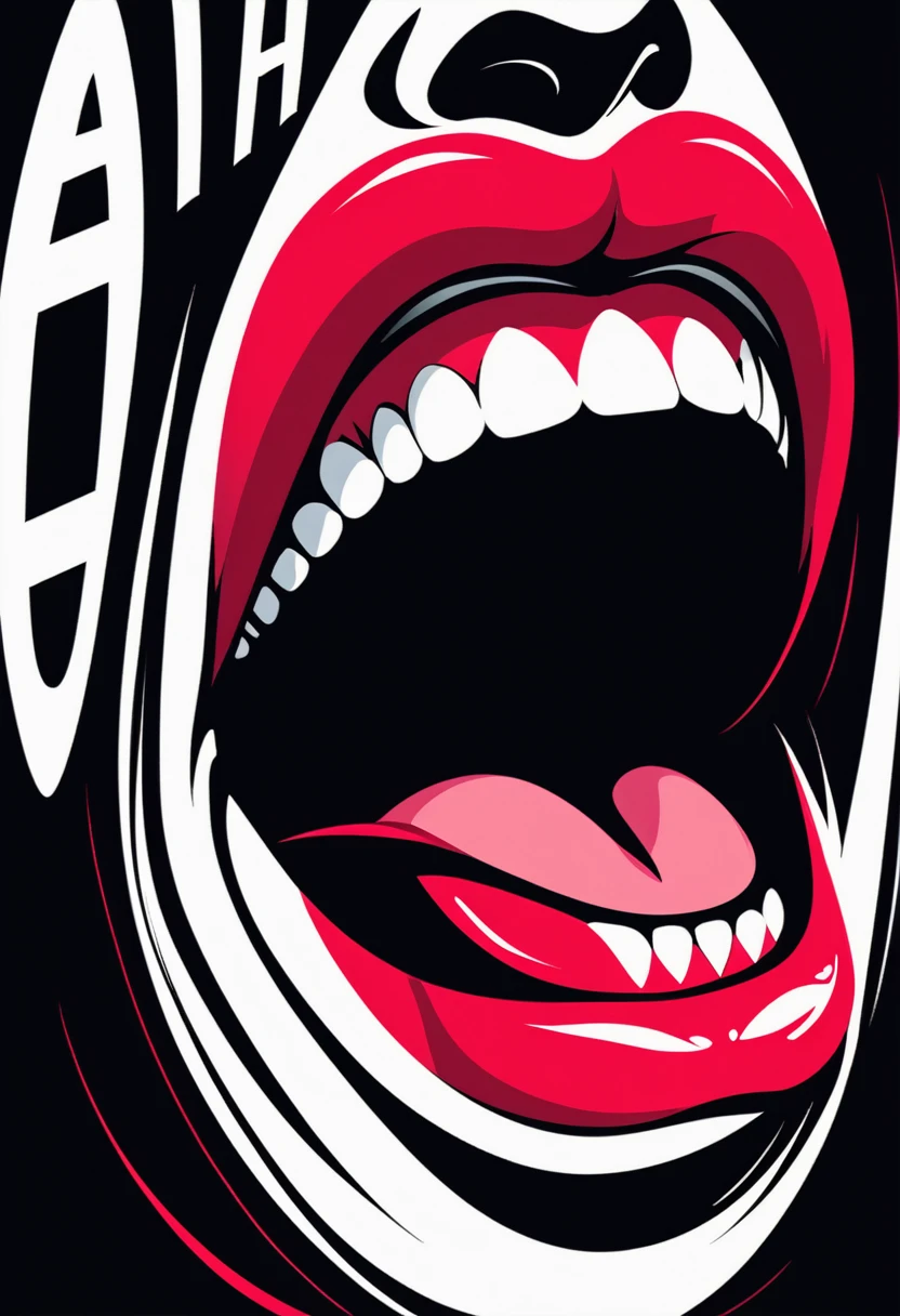 Stylized graphic image featuring a pair of red lips against a black background. The lips are open, revealing white teeth and a pink tongue. Inside the mouth, the word 'AHH' is displayed in bold, white, uppercase letters. The overall design is simple and striking, with a focus on the contrast between the red lips, white text, and black background.