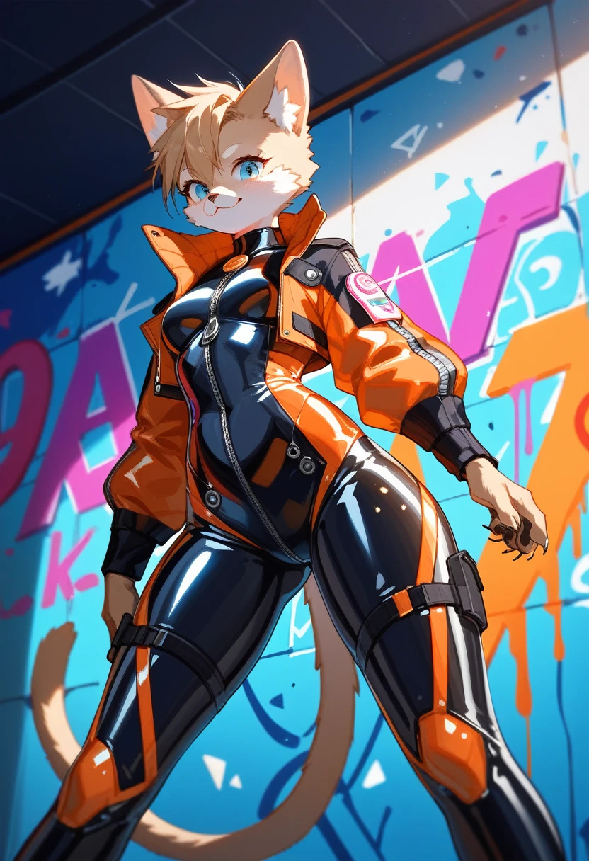 animation, Highest quality, Highest quality, High quality illustrations, masterpiece, Ultra-high resolution, Detailed Background, cyber cafe, Graffiti art on the wall, Absurd, Perfect Anatomy, performance, Good lighting, Shadows in the movies(kemono, Furry PersonifiCation), Cat, Blueskin, Orange Rubber Suit, latex, neon, neonライト, neonカラー, Bodysuits, Cyber Suit, Leather Half Jacket, cyber punk, Dynamic Angle