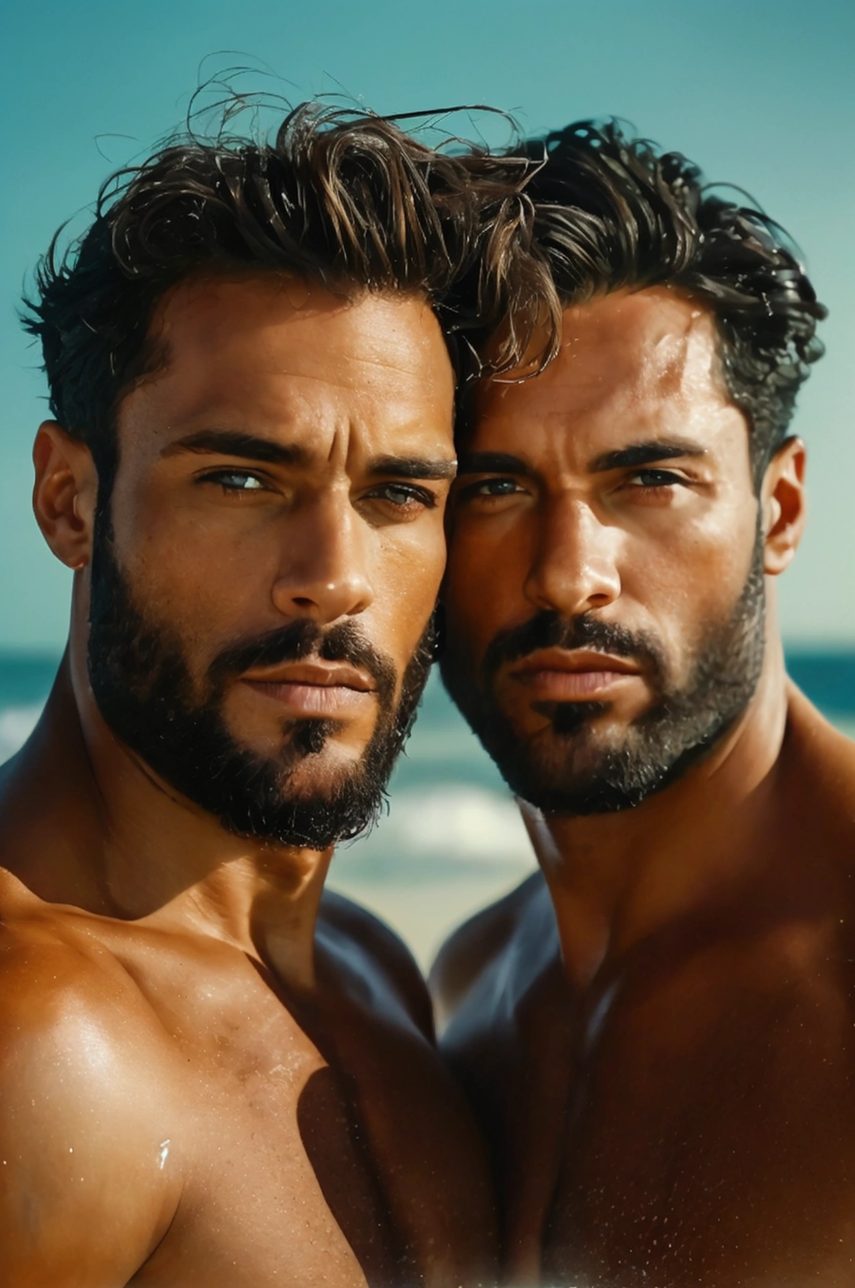 Wide Shot, Realistic photo of handsome men ,beach