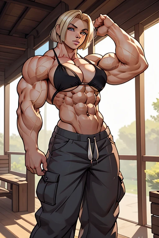 Cute lovely 20 yo woman, short platinum blonde bob haircht, most attractive, pink micro bikini top, free midriff, long baggy trousers, sixpack abs, strong well defined muscle, lean powerful bodybuilder physique, perfect and flawless musculature, great muscle definition, perfect six-pack abs