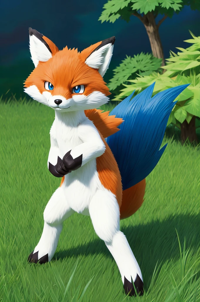 sugimori ken \(style\), grass pokemon, fox, full body, no humans, claws, white background, blue body, ((masterpiece)) v3