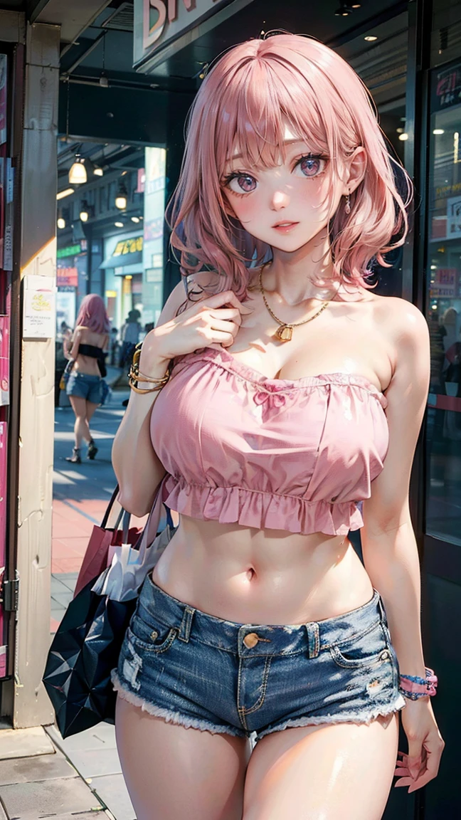 (Masterpiece, BestQuality:1.3), (ultra detailed:1.2), (hyperrealistic:1.3), (RAW photo:1.2), High detail RAW color photo, professional photograph, (Photorealistic:1.4), (realistic:1.4), (Pink Hair:1.5), professional lighting, perfect anatomy, (Big Breasts:1.2), (blush, detailed face), (cheerful Smile:1.5), Trending Hair&Trending Hairカラーをランダムに, earrings, necklace, bracelet, sexly, erotic sexly, Random sexy gravure poses, (Pink tube top and denim shorts、The background is a shopping mall in the city、Pull down the tube top a little to emphasize the chest area.、Posing with shopping bags。:1.3)