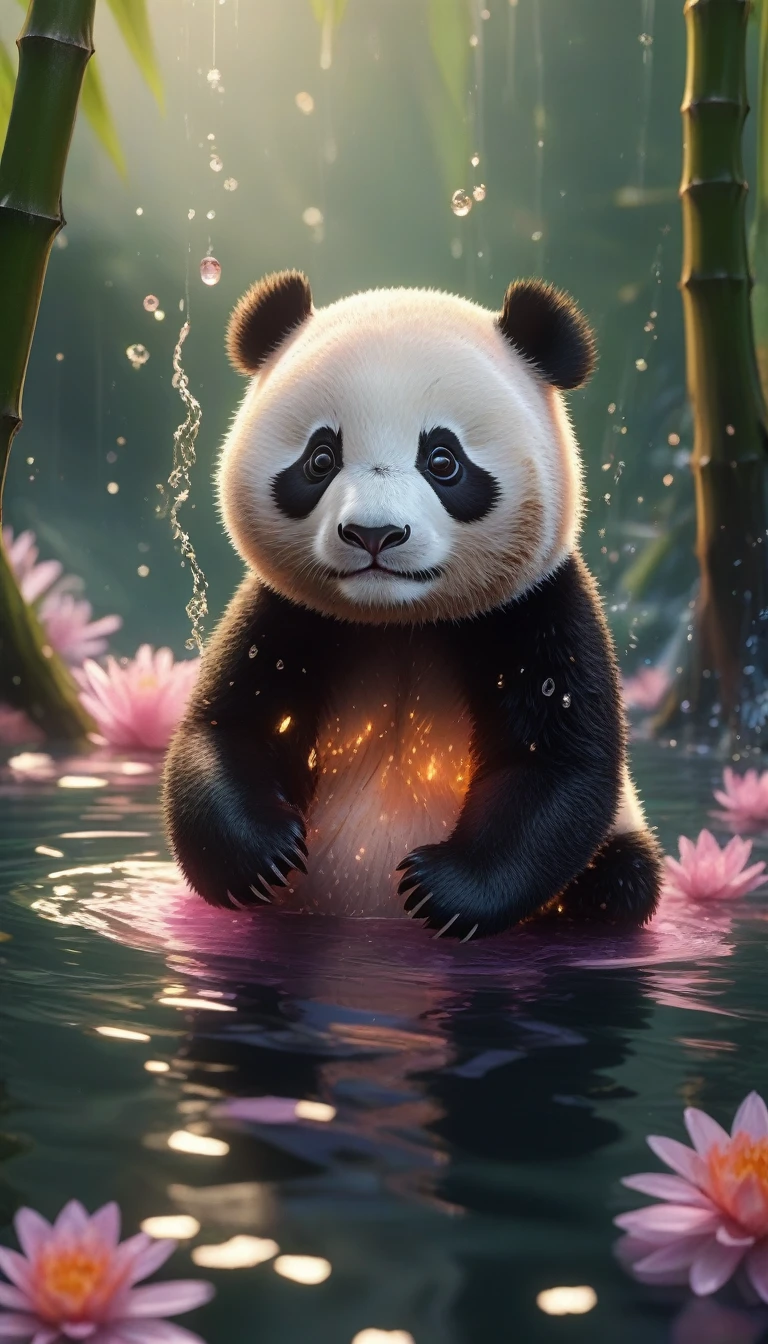 Adorable baby creature, hybrid of panda and jellyfish. Chubby, round body with translucent, jellylike texture. Distinct black and white panda markings floating within its clear body. Cute, pudgy panda face with big, innocent eyes and tiny nose. Soft, fluffy fur around its head. Multiple short, stubby tentacles gently hugging a bamboo stalk. Floating peacefully in crystal-clear lake water. Lush bamboo forest visible in background. Kawaii style with exaggerated head-to-body ratio. Soft, ethereal glow emanating from its body. Tiny air bubbles surrounding it. Gentle ripples in the water. Warm, dreamy lighting. Hyperrealistic textures blending fur and gelatinous body. Digital art, extremely cute and cuddly appearance