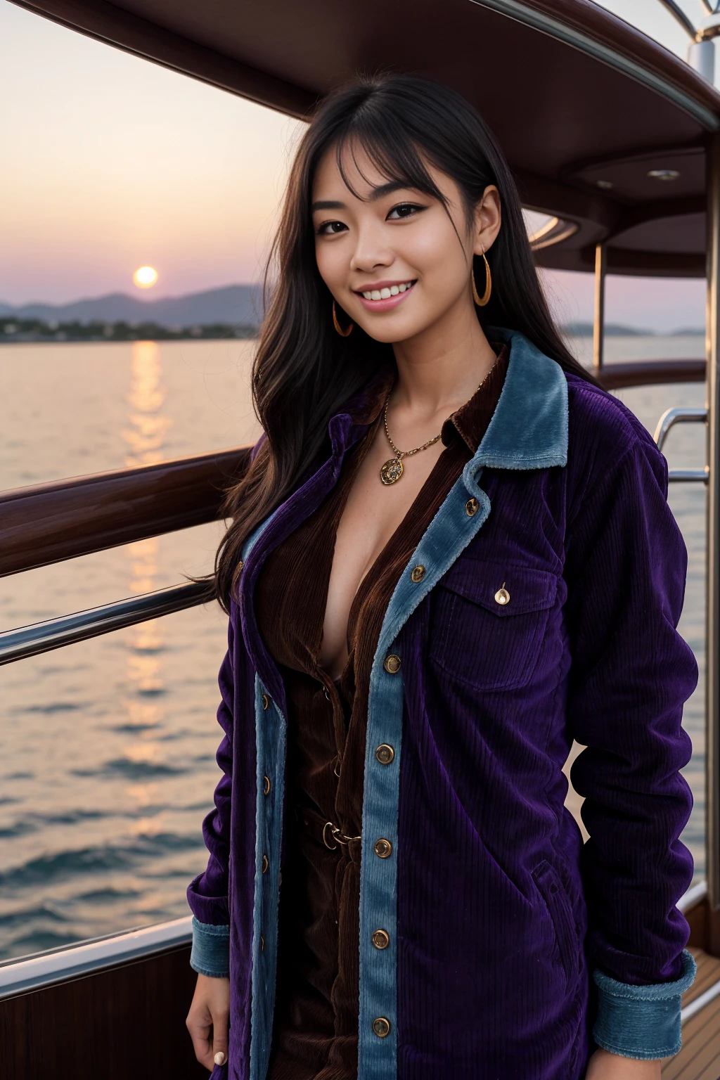 Half-length glamour portrait, nikon D850, f1.6 lens, 200mm, DSLR, 22 Megapixels, (((luxury Yacht at Sunset scene))), shot of a stunning 19 years old korean girl, (smile:1.4), (wearing Medium purple Corduroy jacket with denim shirt dress:1.6), ((seductive pose)), hot girl, (((big natural breasts))), (((black fringe hair))), (small girl), symmetrical face, photorealistic, photography, (bright natural lighting), gorgeous, deep cleavage, (masterpiece), best quality, high resolution, extremely detailed, cinematic lighting, (((very narrow waist))), rich colors, hyper realistic, lifelike texture, ((jewelry)), (((She has beautiful hands and wears rings))), (bracelet), (necklace), (ankle chain), (nail polish) (earrings), Fuji Superia 200, 8k
