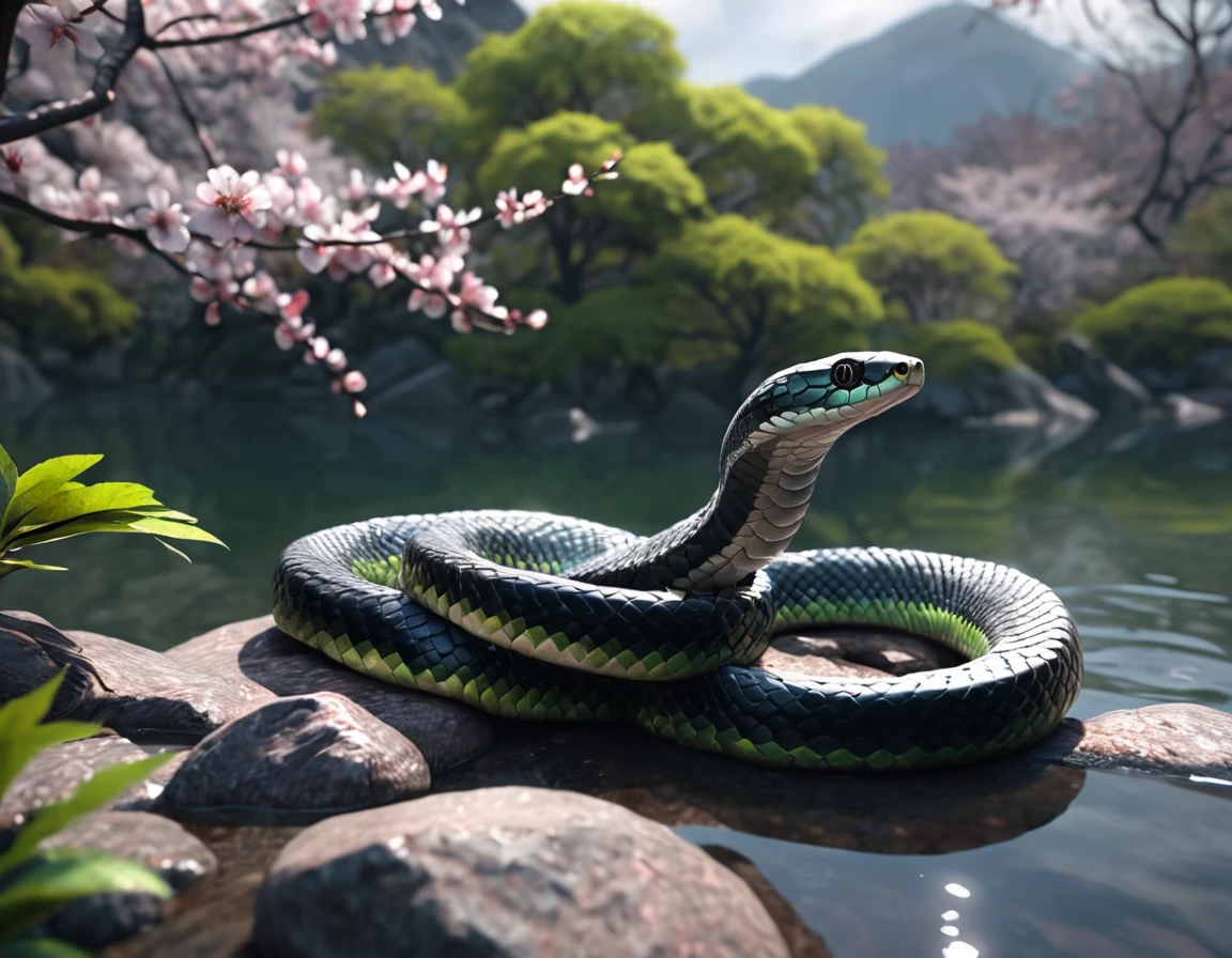 full body portrait of a realistic faint banded sea snake, cobra hybrid reptile, bright green, grey, silver, black scales, mysterious lake scenery, cherry blossoms, Asia, full body, cinematic, render, 8k, unreal engine, realistic, masterpiece, high detail, full body, low life, volumetric lighting