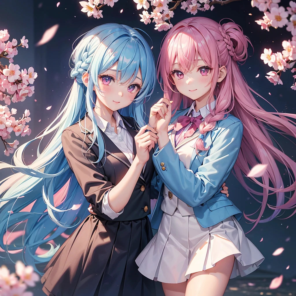 (Sky blue medium hair),(Braided hair tied together)、Pink eyes、Fair skin、(whole body)、(One Girl)、(School uniform blazer)、Cherry Blossoms at Night、A big smile、、(masterpiece、Highest quality、Very detailed、Best Shadow)、(Detailed Background)、(Beautifully detailed face)、High contrast、(Best lighting、Very delicate and beautiful)、((Cinematic Light))、colorful、Hyper Detail、Dramatic Light、Exquisite detail、