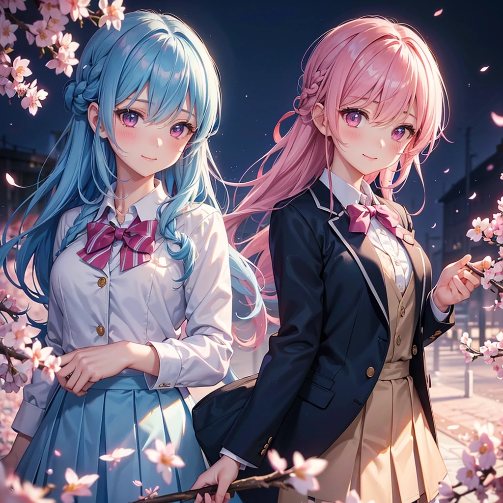 (Sky blue medium hair),(Braided hair tied together)、Pink eyes、Fair skin、(whole body)、(One Girl)、(School uniform blazer)、Cherry Blossoms at Night、A big smile、、(masterpiece、Highest quality、Very detailed、Best Shadow)、(Detailed Background)、(Beautifully detailed face)、High contrast、(Best lighting、Very delicate and beautiful)、((Cinematic Light))、colorful、Hyper Detail、Dramatic Light、Exquisite detail、
