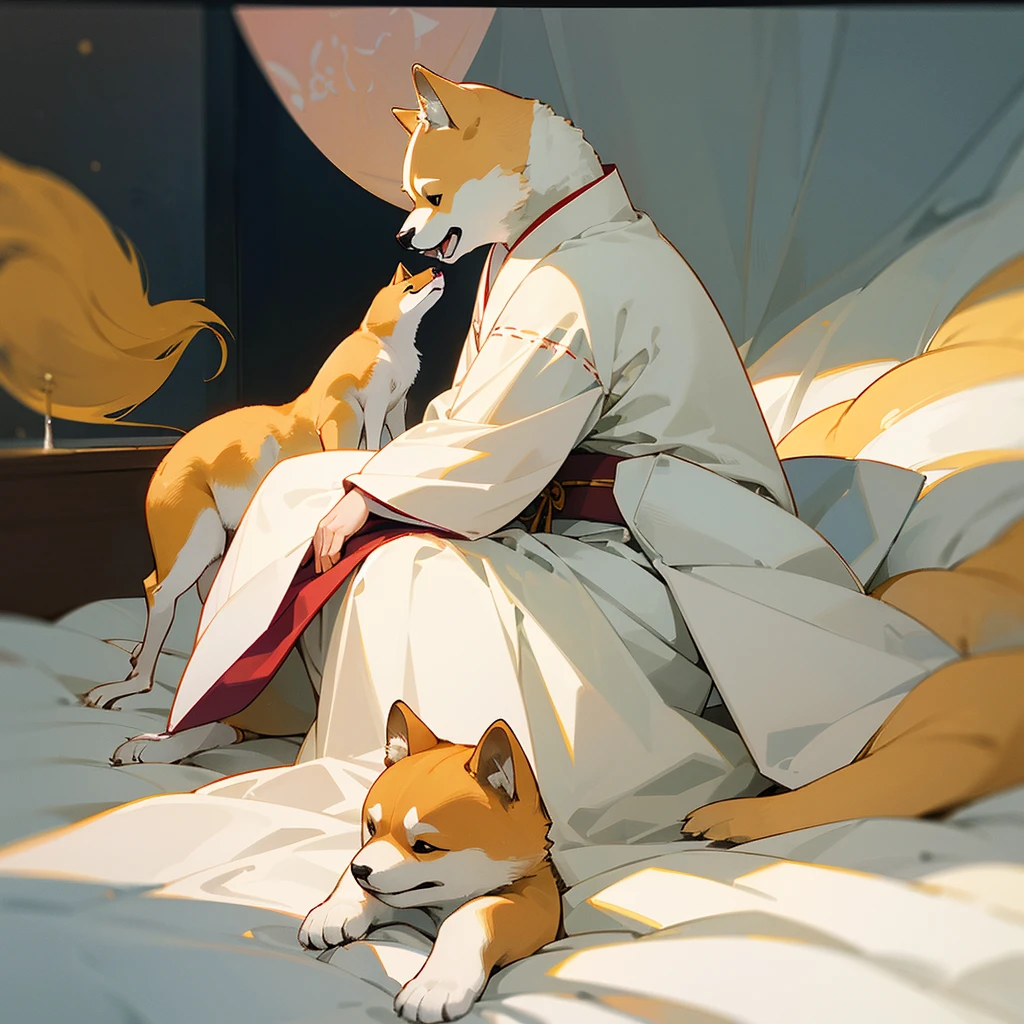 araffe sitting on a bed with a white sheet and white sheets, shibu inu, shiba inu, shiba inu dog, anthropomorphic shiba inu, doge, japanese dog, sitting on a bed, sitting on the bed, inspired by Shiba Kōkan, by Shiba Kōkan, shiba inu portrait
