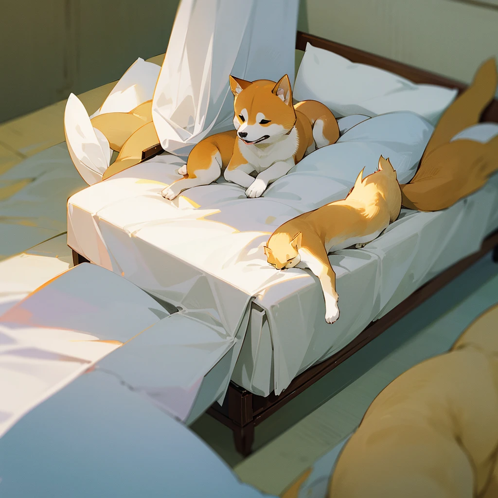 araffe sitting on a bed with a white sheet and white sheets, shibu inu, shiba inu, shiba inu dog, anthropomorphic shiba inu, doge, japanese dog, sitting on a bed, sitting on the bed, inspired by Shiba Kōkan, by Shiba Kōkan, shiba inu portrait