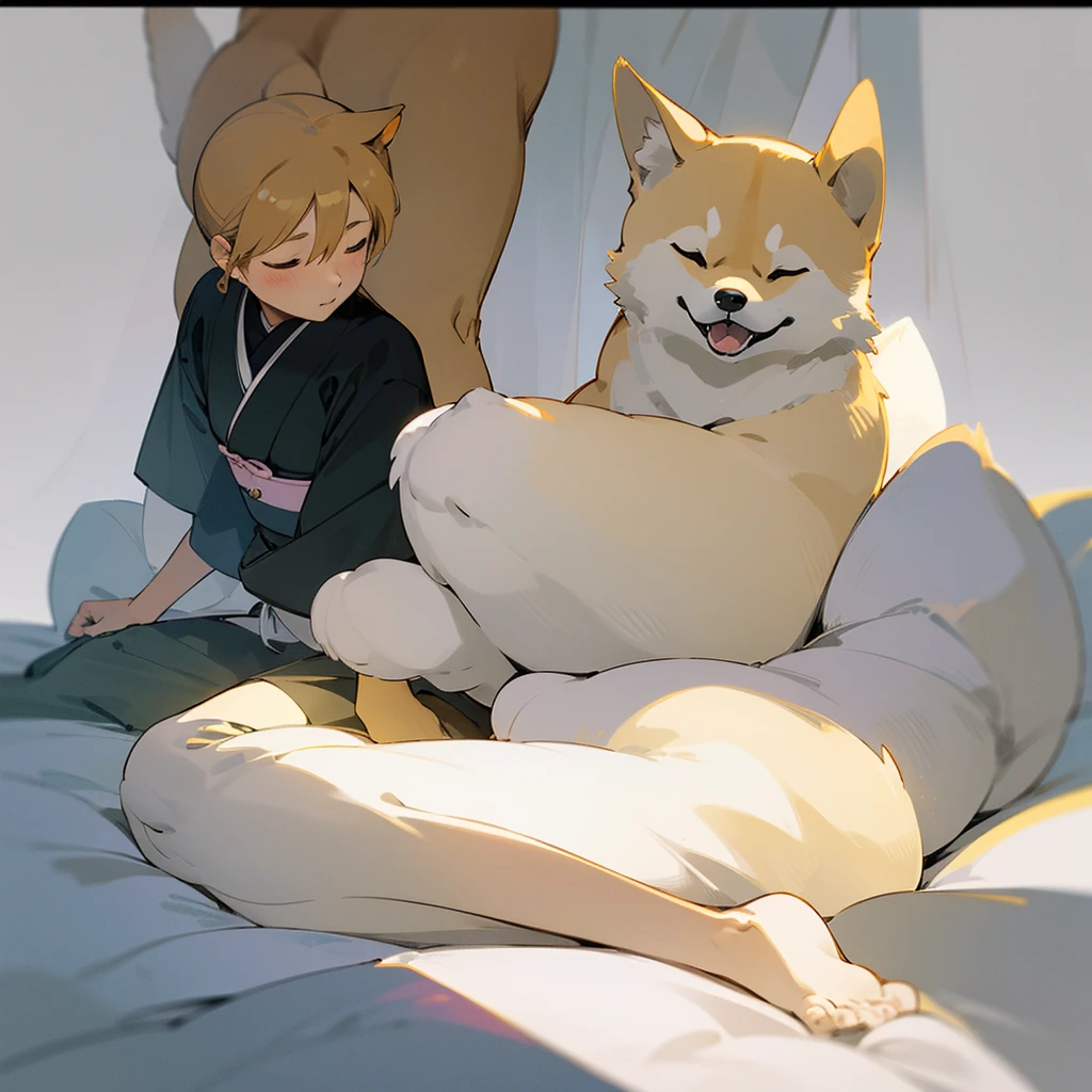 araffe sitting on a bed with a white sheet and white sheets, shibu inu, shiba inu, shiba inu dog, anthropomorphic shiba inu, doge, japanese dog, sitting on a bed, sitting on the bed, inspired by Shiba Kōkan, by Shiba Kōkan, shiba inu portrait
