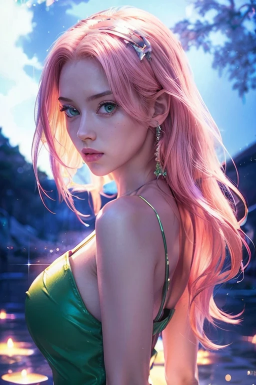 young woman, long pink hair, wide forehead, porcelain skin, pink eyebrows, big emerald green eyes, buttoned nose, thick lips, heart-shaped face, slender body, small breasts, pink leather dress, Sakura Haruno, realistic, realism black details 3d