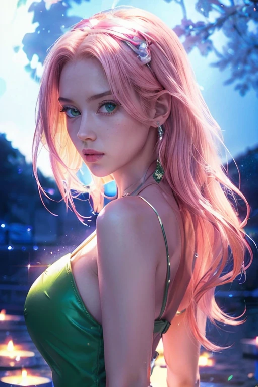 young woman, long pink hair, wide forehead, porcelain skin, pink eyebrows, big emerald green eyes, buttoned nose, thick lips, heart-shaped face, slender body, small breasts, pink leather dress, Sakura Haruno, realistic, realism black details 3d