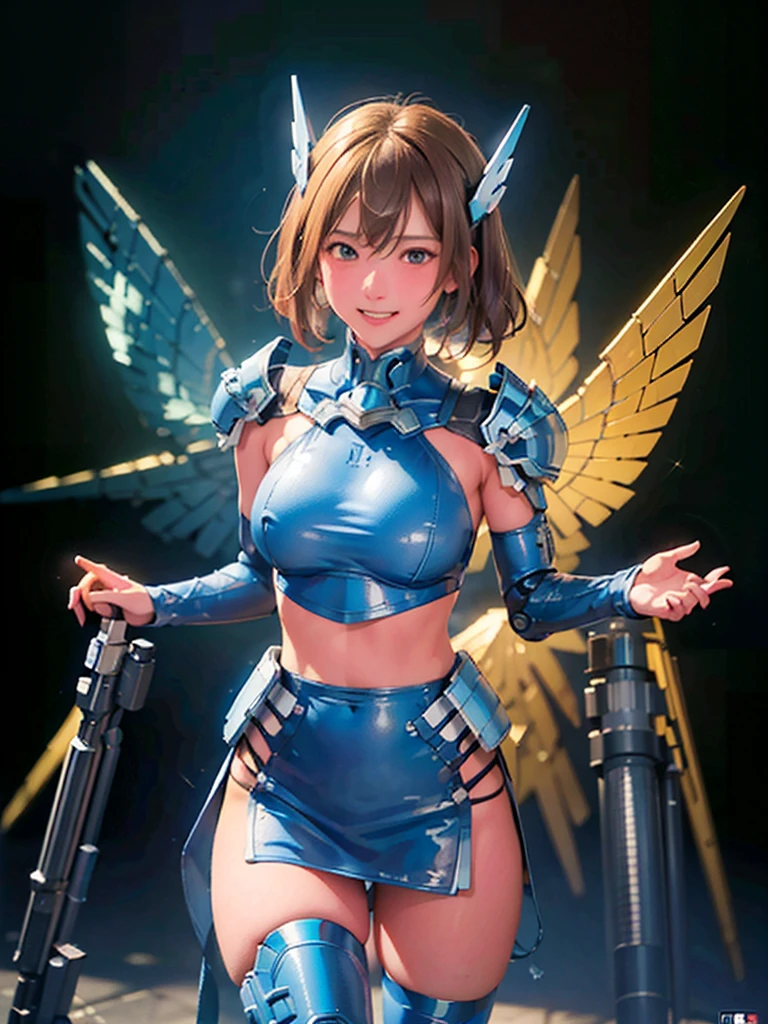 masterpiece,top-quality,Ultra-detail,very detailed illustration,ighly detailed,intricate-detail,hight resolution,super complex details,Highly detailed 8k CG wallpapers, mecha musume, machine components, Robot Joint, head gear, 1girl in,solo, mecha musume, red blush,is standing,cowboy shot, starryskybackground, Background with, Shining black metallic armor、Symmetrical Full Armor、Symmetrical mechanical wing、Funnel mounting、highleg, A smile,Being in the air、are flying、Holding a beam rifle and firing in flight、Sniping with a beam rifle in flight、