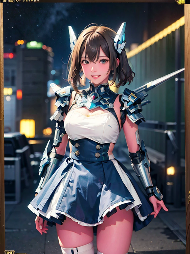 masterpiece,top-quality,Ultra-detail,very detailed illustration,ighly detailed,intricate-detail,hight resolution,super complex details,Highly detailed 8k CG wallpapers, mecha musume, machine components, Robot Joint, head gear, 1girl in,solo, mecha musume, red blush,is standing,cowboy shot, starryskybackground, Background with, Shining black metallic armor、Symmetrical Full Armor、Symmetrical mechanical wing、Funnel mounting、highleg, A smile,Being in the air、are flying、Holding a beam rifle and firing in flight、Sniping with a beam rifle in flight、