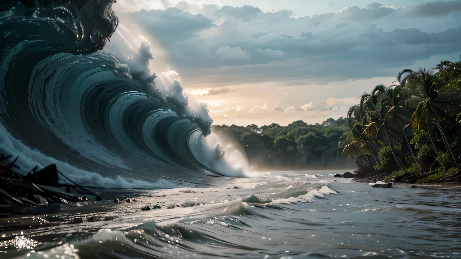 The sea wave advances over the river, goes up the river destroying both banks, the sea wave enters the river causing it to retreat in a large wave, facing him, the wave is transverse to the banks and rises up the river with the force of a tsunami, destroying the sides. A tsunami penetrating the Atlantic into the Amazon River a tsunami entering the Amazon River facing it, A giant wave, Amazon, rises up the Amazon River, devastating the sides, it is a giant wave and a tsunami invading the Amazon River, devastating the sides, the Amazon River at its mouth is 300 km wide and narrows as it goes up the rivers reaching 15 km wide the wave is only around 8 meters high but reaches the entire length from side to side of the river bank an image Super detailed of the Pororoca at the mouth of the Amazon River the Pororoca is a phenomenon when the Atlantic invades the Amazon River when it appears it overcomes the strength of the giant River and rises up the River and as it rises the River destroys trees and ravines on the banks of the Amazon River ((best quality)), ((masterpiece)), (detailed),