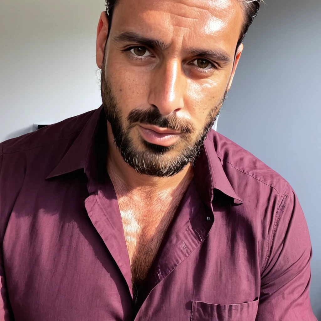 close-up photo of m1chele a man, beard, porter une chemise rouge, at work,