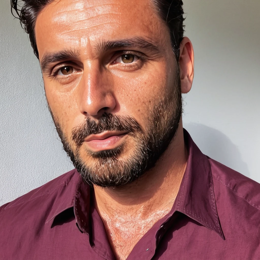 close-up photo of m1chele a man, beard, porter une chemise rouge, at work,