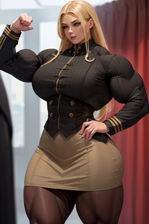 (((Massive, beautiful, buff, light brown skinned muscular woman with yellow hair, gray eyes, black lipstick, ginormous bulky muscles))), ((close view)), ((((long sleeve military overcoat)))), ((long sleeve military overcoat)), necktie, blazer, ((((military officer uniform)))), (((waistcoat))), (((military officer uniform))), (((pencil skirt))), (((pencil skirt))), tie clip, pocket square, cloves, (pantyhose), high heels, (close view), (massive muscles), hyper muscles, long flowing hair, in a military office, 