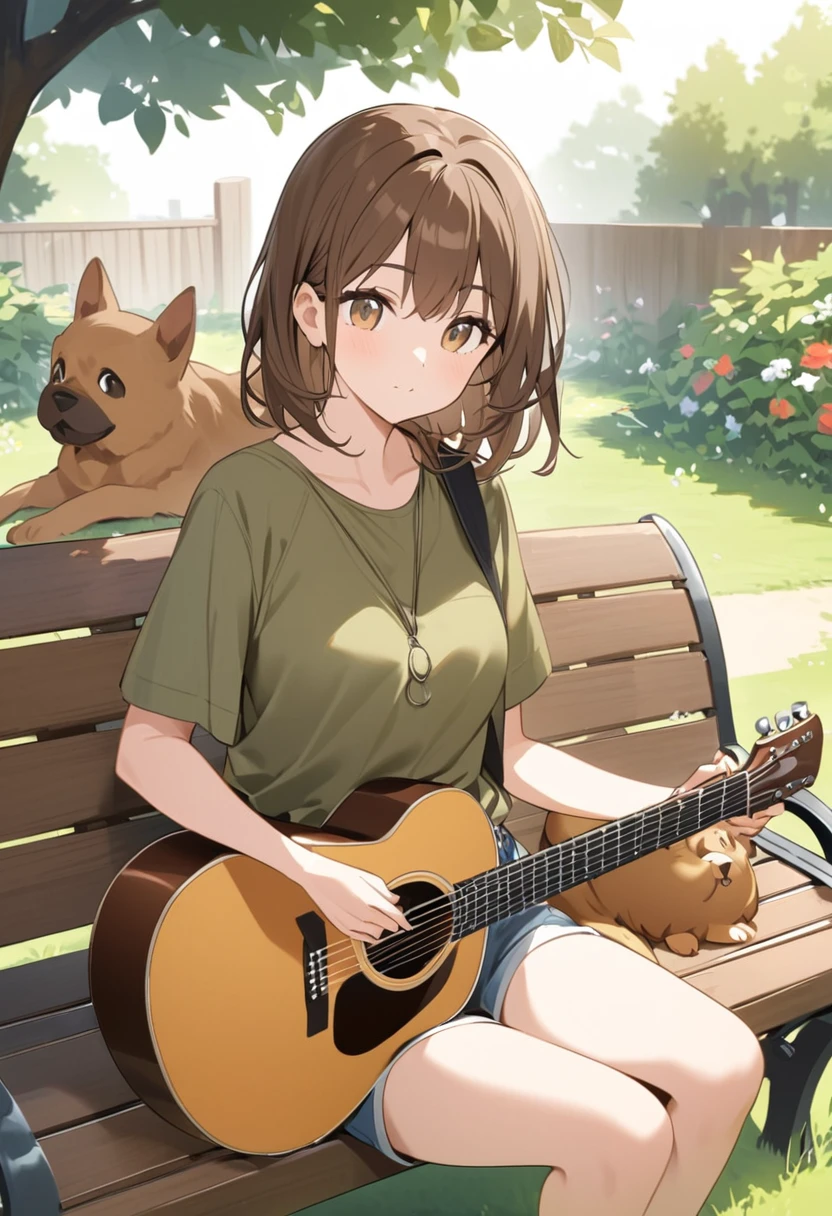 Woman.Brown hair and hazel eyes.She wears an olive shirt.and shorts.
She plays the guitar in the garden.She is sitting on a bench with a brown dog next to her.