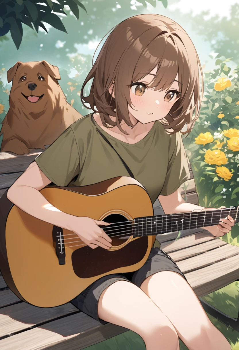 Woman.Brown hair and hazel eyes.She wears an olive shirt.and shorts.
She plays the guitar in the garden.She is sitting on a bench with a brown dog next to her.