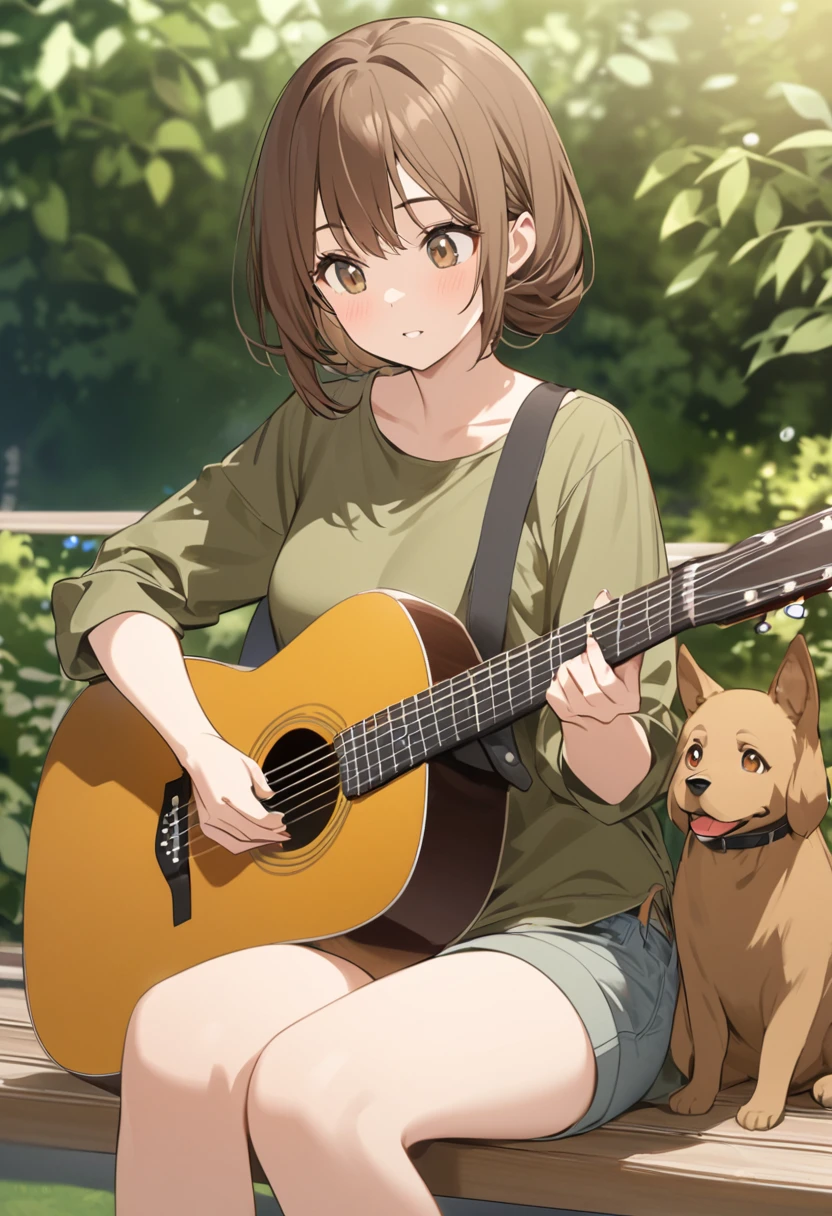 Woman.Brown hair and hazel eyes.She wears an olive shirt.and shorts.
She plays the guitar in the garden.She is sitting on a bench with a brown dog next to her.