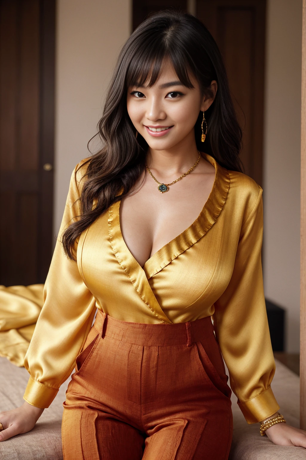 Half-length glamour portrait, nikon D850, f1.6 lens, 200mm, DSLR, 22 Megapixels, (((Wellness area scene))), shot of a stunning 19 years old korean girl, (smile:1.4), (wearing Yellow satin blouse with Dark red wide linen trousers:1.6), ((seductive pose)), hot girl, (((big natural breasts))), (((black fringe hair))), ( girl), symmetrical face, photorealistic, photography, (bright natural lighting), gorgeous, deep cleavage, (masterpiece), best quality, high resolution, extremely detailed, cinematic lighting, (((very narrow waist))), rich colors, hyper realistic, lifelike texture, ((jewelry)), (((She has beautiful hands and wears rings))), (bracelet), (necklace), (ankle chain), (nail polish) (earrings), Fuji Superia 200, 8k
