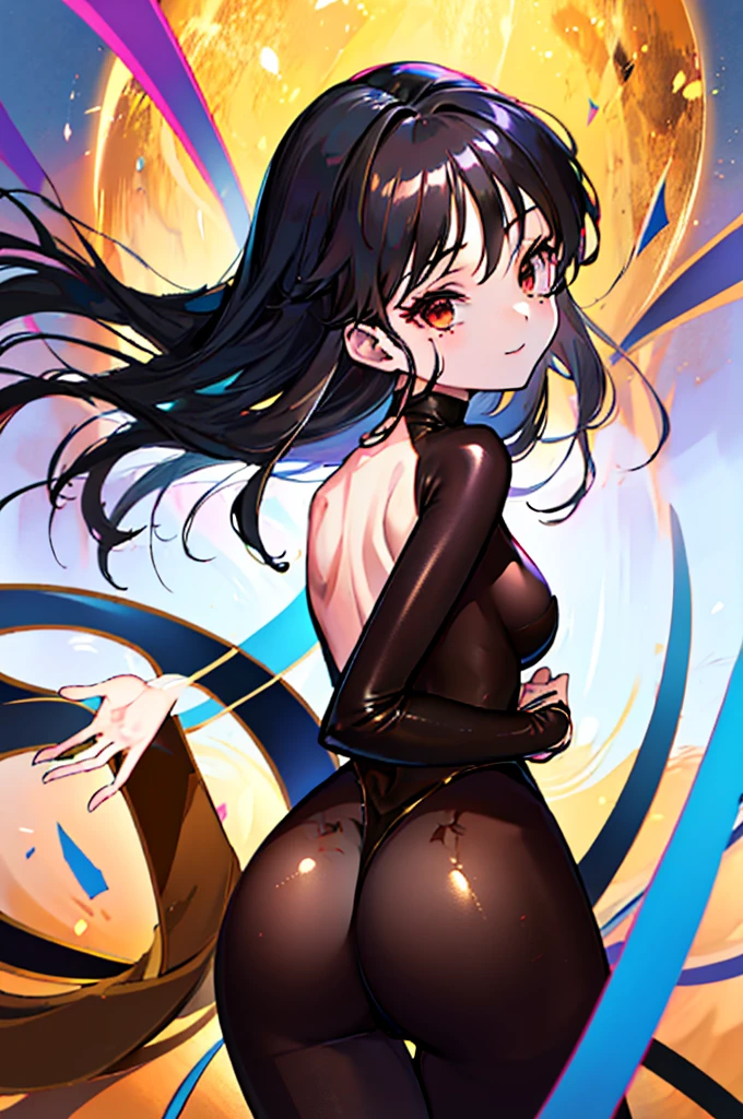 Highest quality　Highest quality　Draw a face carefully　High-definition anime-style face　Super Glowing Skin　Long black hair　Brown leotard　Golden pantyhose　Succubus　lure　smile　Back view　Rear view　Ass close up