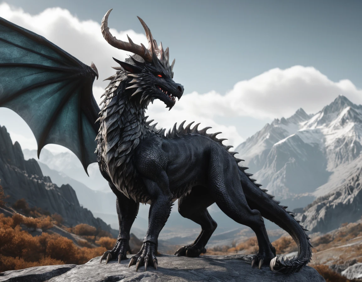 full body portrait of a realistic female obsidian dragon, huge, long body, wings, many horns, horns, antlers, twisting horns, curled horns, wolf shaped head, opalescent scales, white eyes, mysterious mountain scenery, full body, cinematic, render, 8k, unreal engine, realistic, masterpiece, high detail, full body, low life, volumetric lighting