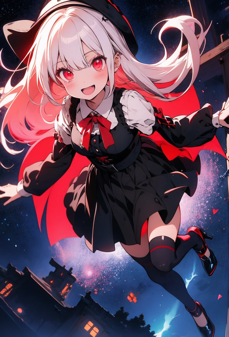 Cute, girly character, Lolita, big red eyes, shine lights, white hair, scary face, vampire, witch, black long dress, black heels, dark gothic castle, striped socks, flying in night sky,