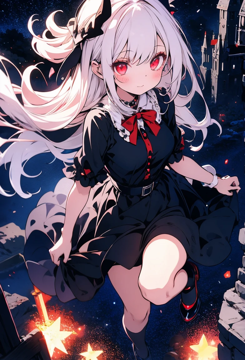 Cute, girly character, Lolita, big red eyes, shine lights, white hair, scary face, vampire, witch, black long dress, black heels, dark gothic castle, striped socks, flying in night sky, 
