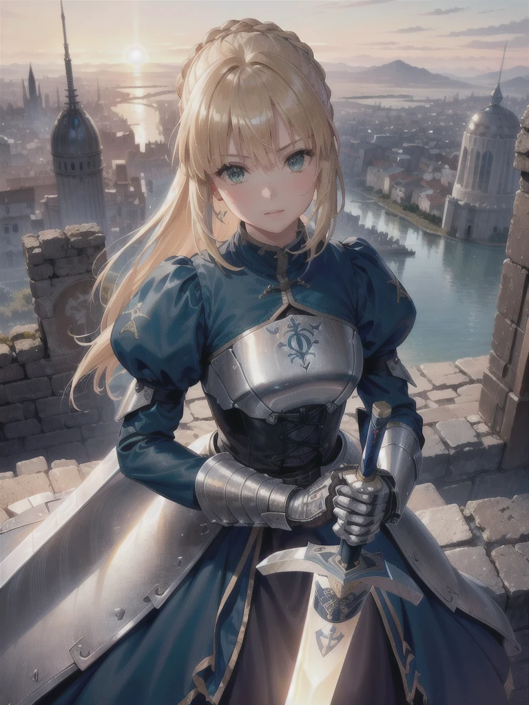 (Spectacular apocalyptic city destruction and desolate ruins), Detailed Background, Incredible detail, RAW Photos, Rich colors, Realistic texture, Dramatic lighting, Unreal Engine, Trending on Art Station, Cinestill 800 Tungsten, (A new dawn on the horizon), (masterpiece:1.4), (Highest quality:1.4), Realistic, One girl, Artoria Pendragon, armor,, (destiny/Stay Night\), Glowing Sword, High resolution, Cowboy Shot, Outdoor, unity 8k wallpaper, (figure:0.8), (Beautiful attention to detail:1.6), Highly detailed face, Perfect lighting, Highly detailed CG, (3D Face:1.1), (Shiny skin:1.5), (超High resolution intricate face details), (Facial skin pores:1.3), 超High resolution cloth texture, (Canon EOS-1D X Mark III camera for outstanding detail:1.2), (Combined with Canon EF24-70mm f/2.8L II USM Lens:1.2), (He has the great sword Excalibur:1.3)