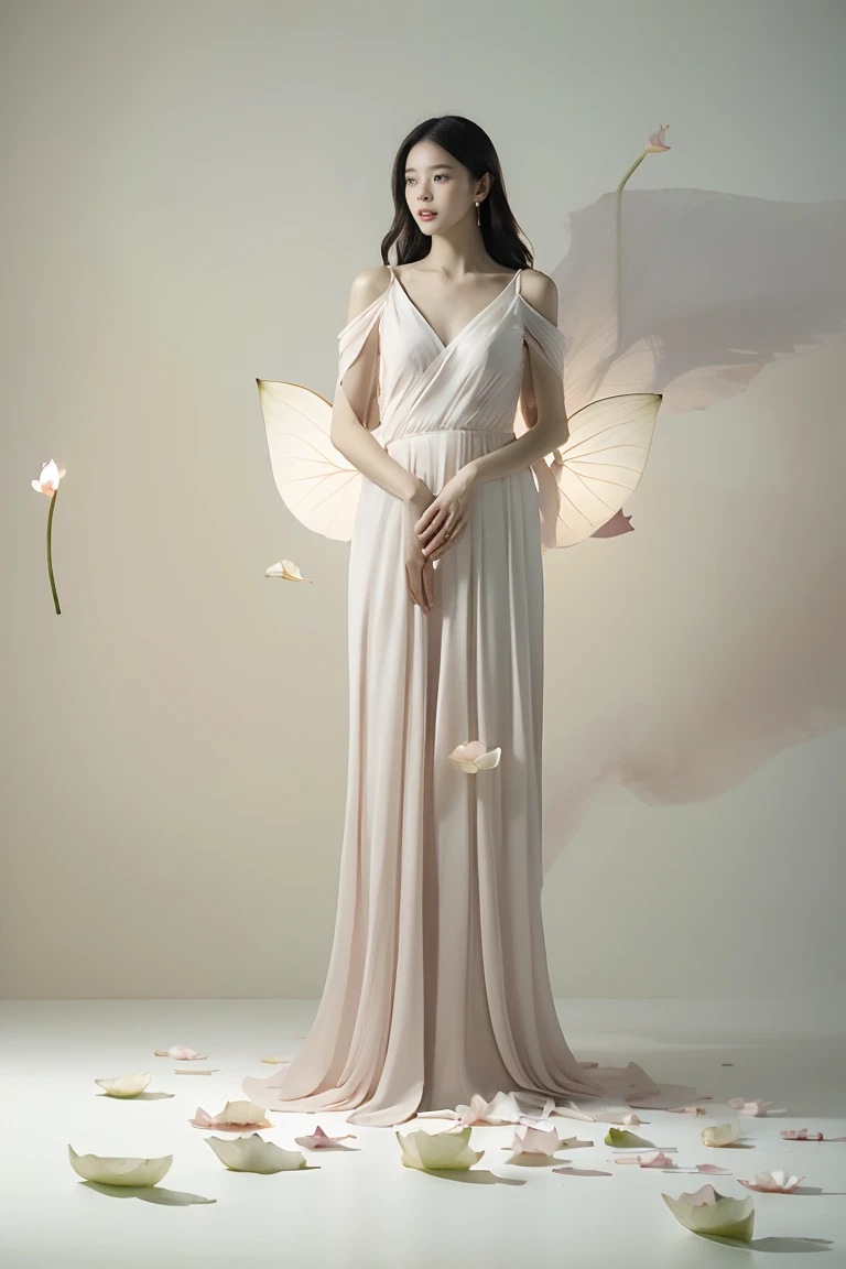 light pink and light white shades,Full body female love, White background, natural lighting, Light effect, minimalist, elegant, pure tenderness, soft light lighting, realistically. a woman is (clavicle, bshoulder,) placed in a (pray and stand) super giant lotus,The petals are big and long (The petals are thin, soft gauze, Full background of flowing petals, floating petals, super flying petals, Mixed effect of smoke and petals), lotus dress,((perspective)).lotus_leaf_fairy,anatomically correct,((Best quality)), ((Masterpiece)), ((Realistic))