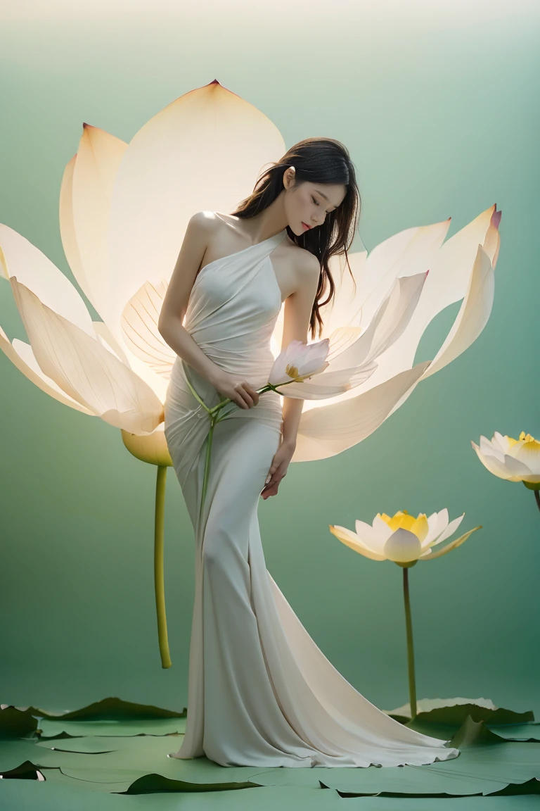 light pink and light white shades,Full body female love, White background, natural lighting, Light effect, minimalist, elegant, pure tenderness, soft light lighting, realistically. a woman is (clavicle, bshoulder,) placed in a (pray and stand) super giant lotus,The petals are big and long (The petals are thin, soft gauze, Full background of flowing petals, floating petals, super flying petals, Mixed effect of smoke and petals), lotus dress,((perspective)).lotus_leaf_fairy,anatomically correct,((Best quality)), ((Masterpiece)), ((Realistic))
