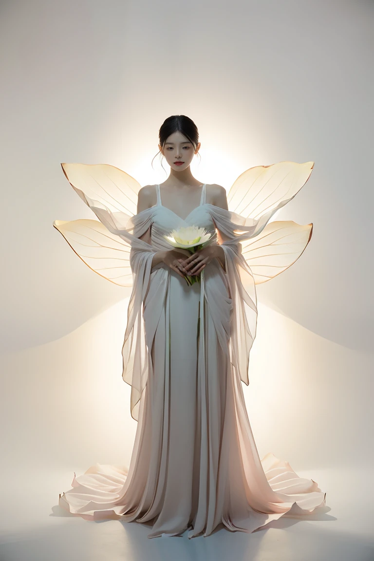 light pink and light white shades,Full body female love, White background, natural lighting, Light effect, minimalist, elegant, pure tenderness, soft light lighting, realistically. a woman is (clavicle, bshoulder,) placed in a (pray and stand) super giant lotus,The petals are big and long (The petals are thin, soft gauze, Full background of flowing petals, floating petals, super flying petals, Mixed effect of smoke and petals), lotus dress,((perspective)).lotus_leaf_fairy,anatomically correct,((Best quality)), ((Masterpiece)), ((Realistic))