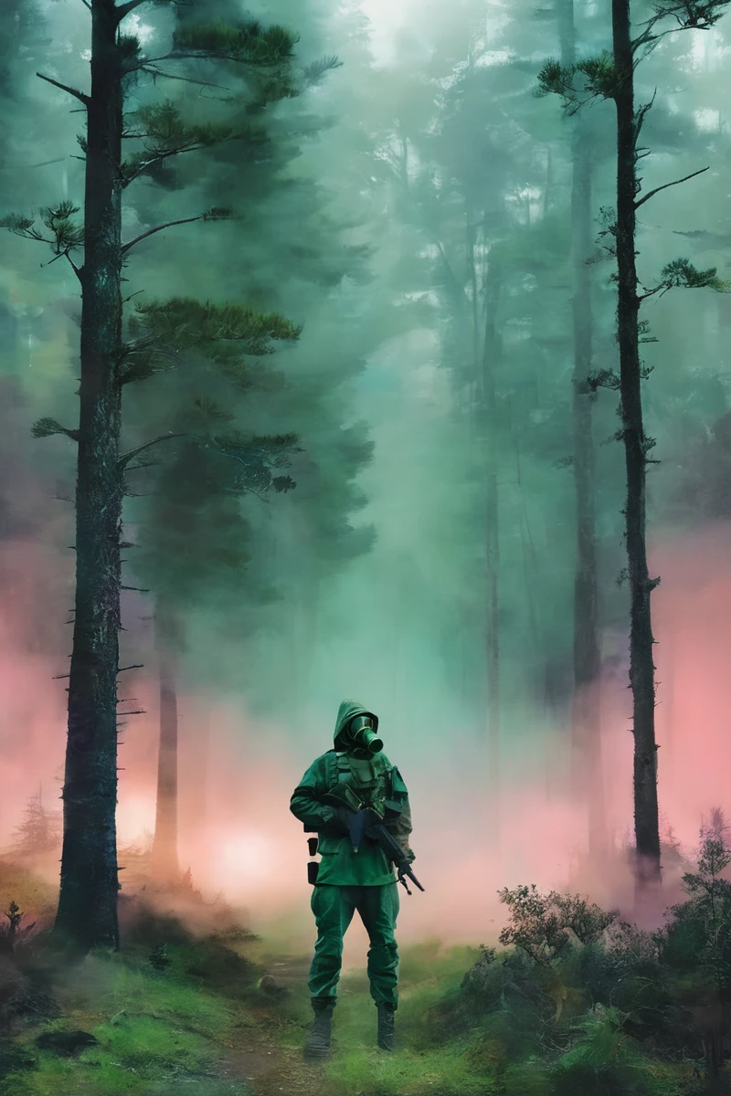 soldier wearing a (dark green) gas mask and a hood standing in the distance, colorful, ((foggy)), forest, dark, mysterious, landscape, apocalyptic, night, moon