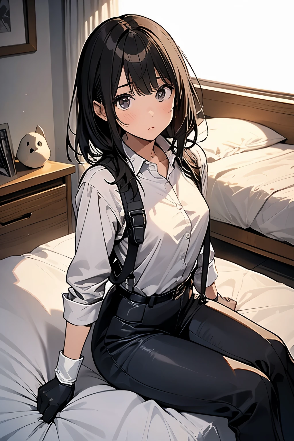 1 female, , high quality, masterpiece, Ultra-high resolution, , Cinema Lighting, , , And the suspenders with the cranes flying Moderate breasts Small face holster Lying in bed Looking up Sweat belt summer 脇Sweat Black Hole Gloves suit shirt Black jacket Black trousers Leg Links ズボンにbelt holster Hands behind your back Anxious expression Looking up Anxious face, legs apart