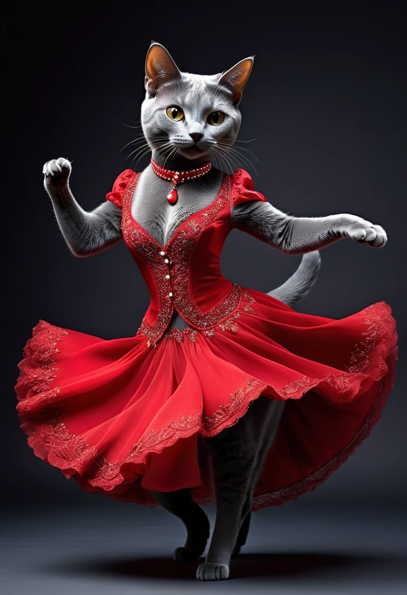 Realistic portrait of an animal in clothes - beautiful Russian Blue cat, Dancer,(Dynamic action poses for tango dancing), high quality,(Lovely) ,Intricate details, Very detailed ((Tango dancing in red dress) ,Very detailed decorations,, (Happy), Studio Lighting,(Full body image:1.5)