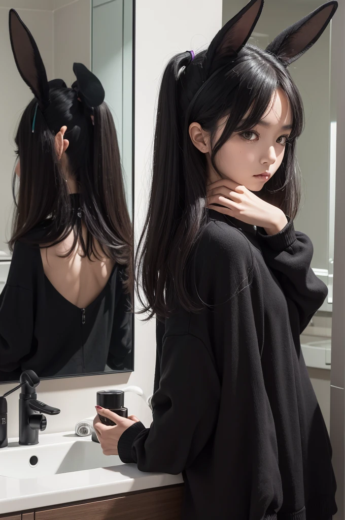 A humanoid black rabbit, looking at herself in the mirror at home, sad 