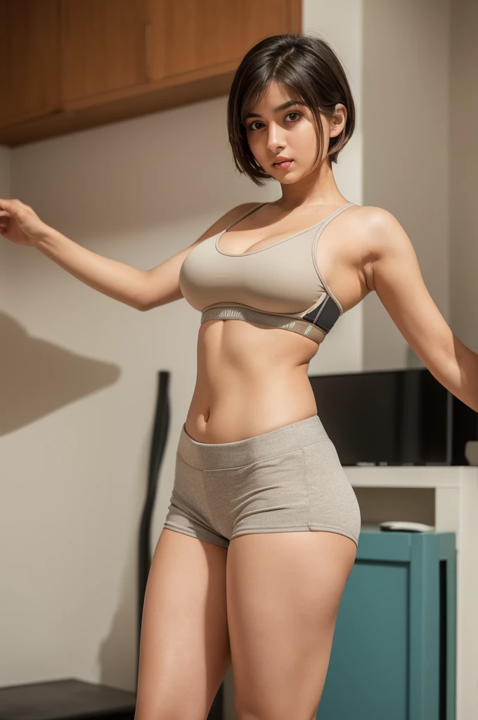 Create a character: Mina (Meena) (Masterpiece:1.3), (8K, realistic, raw image, best quality: 1.4), age: 19 years,Small body, tan skin, short hair, C cup breasts, small waist, curvy butt, slender legs.,Wear shorts., sufficient breasts,(sports bra:1.1),