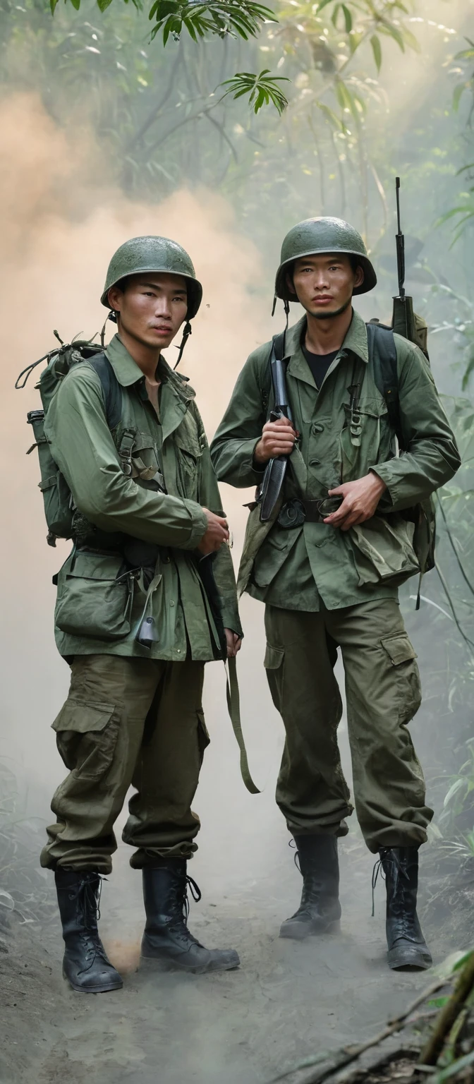 Man wearing steel pot and chinstrap, wear cotton and nylon jacket OG- 107 , OG-107 6-pocket pants, jacket with 4 pockets and button closure, He has black leather jungle boots, rubber sole and laces, The man carries and has Canteen Dressed with Belt, schoolbag, By the way, bayonet,Grenades,ammunition, rifle, dressed as a war soldier, of them intricate, photo taken in the jungle of vietnam, jungle scene,, both dressed in green jackets, real photo, no photo errors, Masterpiece,