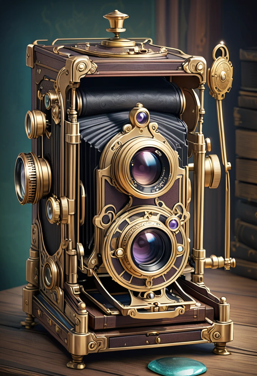 A magical artifact with a bright stone in the form of a 19th century camera. steampunk style 