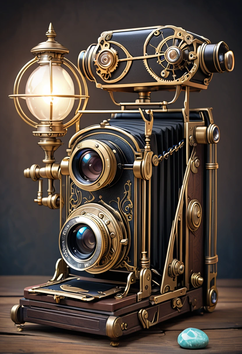 A magical artifact with a bright stone in the form of a 19th century camera. steampunk style